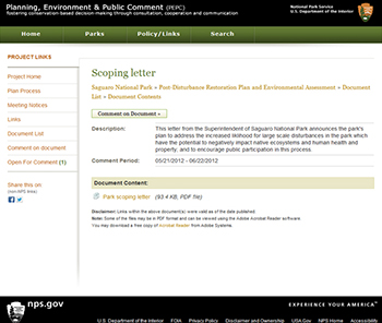 Screenshot of the Saguaro National Park project’s Scoping Letter page from the National Park Service Planning, Environment and Public Comment site which allows the public to download and/or comment on the document