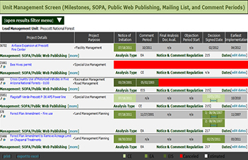 Screenshot of the Unit Management Screen from eMNEPA’s tool which is displaying the following information for six projects: project details, project purpose, notice of initiation date, comment period date, final analysis doc available date, objection period start date, decision signed date, and earliest implementation date