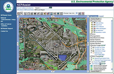 Screenshot from the NEPAssist tool which is displaying a map of the area directly surrounding O’Hare International Airport, with some areas color-coded shades of green to denote various flood zone types
