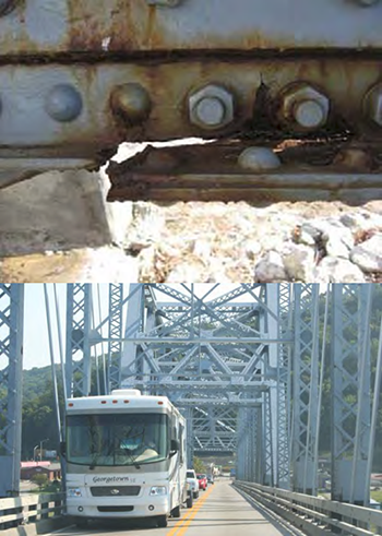 Two photographs: closeup of an example of the bridge’s structural damage and the bridge prior to replacement