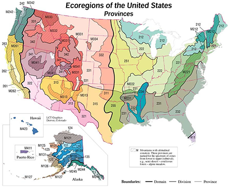 Map of the U.S., color-coded by ecoregion