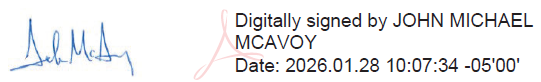 Digital signature of  John Michael McAvoy, P.E., Connecticut Division Administrator, Federal Highway Administration. Dated 1/28/2026.